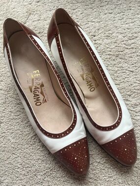 Salvatore Ferragamo Brown and White Leather Two-Tone Heels